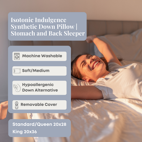 A woman reclines in comfort on an Indulgence by Isotonic Synthetic Down Pillow from Carpenter, highlighting its machine washable feature, soft/medium firmness, hypoallergenic material, removable cover, and availability.