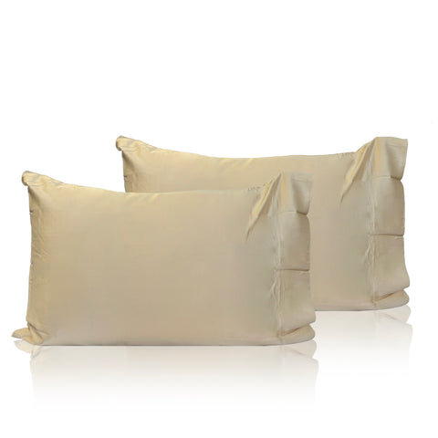 Two Pillowtex Copper Infused Bamboo Pillowcases with a smooth surface and elegant flange edge detailing, displayed against a white backdrop. These hypoallergenic pillowcases are ideal for sensitive skin.
