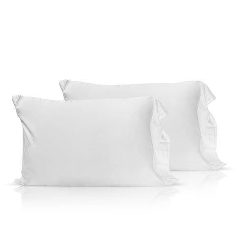 Two fluffy white pillows with a soft, smooth finish and a Pillowtex Copper Infused Bamboo Pillowcase, displayed against a pure white background, suggesting a comfortable and serene sleeping setup.