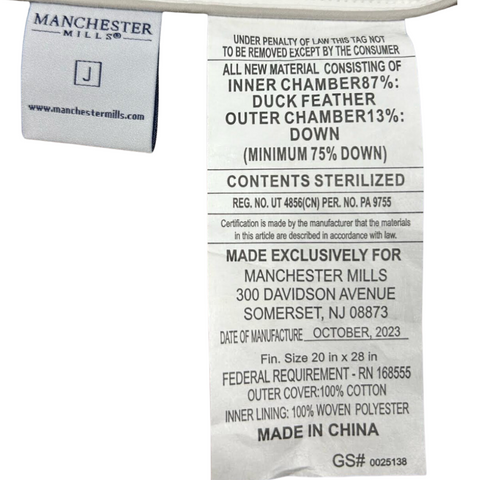 A label with the name Down Dreams Classic Soft & Firm Combo Pack (Includes 2 Pillows) on a pillow protector by Manchester Mills.