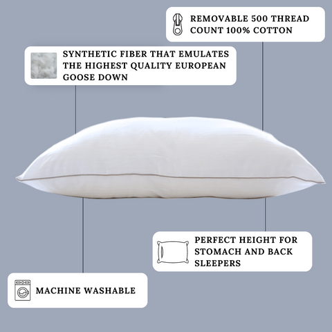 A premium Carpenter Indulgence by Isotonic Synthetic Down Pillow featuring a 500 thread count cotton removable cover and a design suitable for stomach and back sleepers. It is machine washable for easy care.