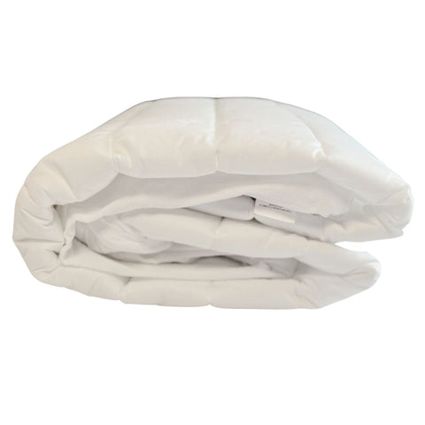 A white pillow is folded up on top of a Final Sale: Encompass Group Double Fill Mattress Pad.