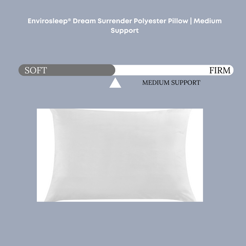 This image features a Manchester Mills Envirosleep Dream Surrender Polyester Pillow with medium support, filled with polyester clusters.
