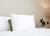 A neatly made bed features the HD Supply Best Western® Dreammaker Gusseted Pillow (medium-firm support) with a decorative pillow behind it. The bedding is white, and a plant in a white pot and a beige-shaded lamp sit on the nightstand.