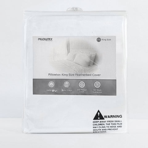 A king size Pillowtex featherbed cover packaged in a transparent, zippered plastic bag. The label displays an image of a bed with pillows, product details such as 100% cotton fabric composition, and a warning about suffocation hazards.