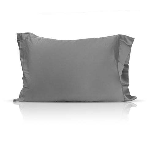 Pillowtex Copper Infused Bamboo Pillowcase with a smooth, shiny finish, standing upright on a white background, reflecting soft light, indicating a silky or satin-like material. This elegant item is enveloped in a hypoallergenic fabric.