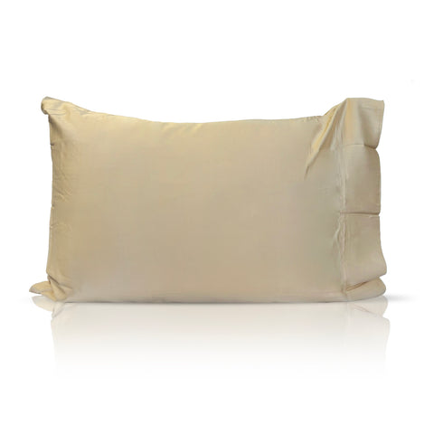 A Pillowtex Copper Infused Bamboo pillowcase with a smooth surface and slight sheen, featuring flanges along the edges, isolated against a white background, reflecting a sense of luxury and comfort.
