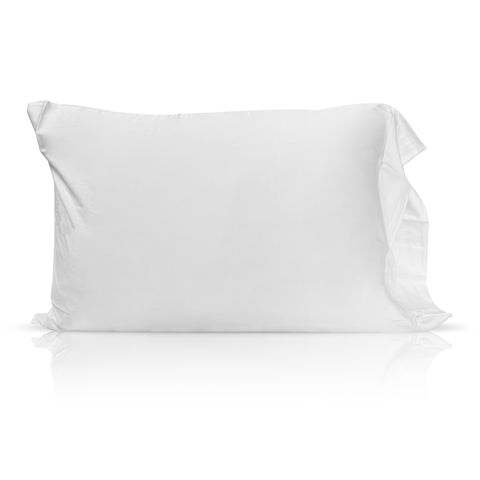 A fluffy white pillow with a Pillowtex Copper Infused Bamboo Pillowcase isolated on a white background, portraying a sense of softness and comfort, with a slight shadow reflecting its three-dimensional form.