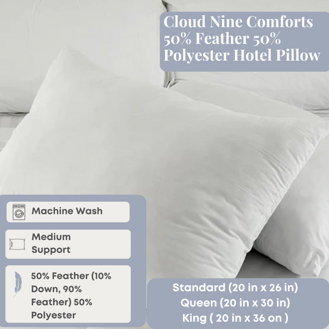 A luxurious Cloud Nine Comforts hotel pillow with a plush blend of 50% feather and 50% polyester for optimal comfort, featuring machine wash convenience and medium support, standard size 20 x 26.
