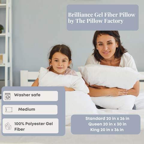 Experience the luxurious comfort of a machine washable Brilliance Gel Fiber Pillow by Pillow Factory. Providing hypoallergenic support, this gel fiber pillow is perfect for a restful night's sleep.
