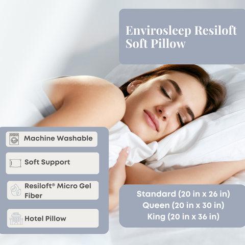 A woman sleeping on an Envirosleep Resiloft Soft Pillow by Manchester Mills in a bed, enjoying the hypoallergenic comfort.