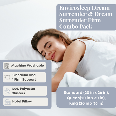 A woman is sleeping in bed with the Manchester Mills Envirosleep Dream Surrender & Dream Surrender Firm Combo Pack pillows.