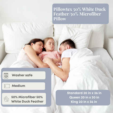 A family is sleeping in bed with a Pillowtex 50% White Duck Feather/50% Microfiber Pillow.