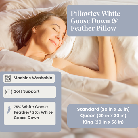 Luxurious Pillowtex White Goose Down & Feather Pillow designed for hotel-like comfort and optimal neck support.