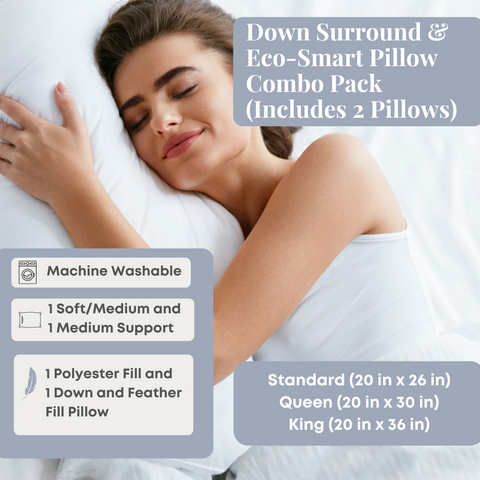 A woman is peacefully sleeping on a bed with a Down Surround & Eco-Smart Pillow Combo Pack from Pacific Coast Feather Company.