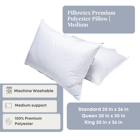 Set of two Pillowtex® Premium Polyester pillows, featuring medium support, machine washable fabric, and available in standard (20x26 inches) and queen (20x36 inches) sizes.