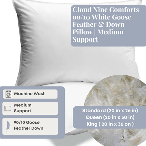 A comfortable Cloud Nine Comforts 90/10 White Goose Feather & Down Pillow featuring medium support, available in standard and queen sizes with machine wash support for easy care.