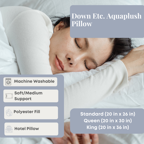 A woman is sleeping in a bed with a Down Etc. Aquaplush Pillow.