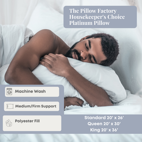 A man comfortably sleeping, hugging a medium/firm Pillow Factory Housekeeper's Choice Platinum Pillow, highlighting the product's washing machine safe feature and available sizes.
