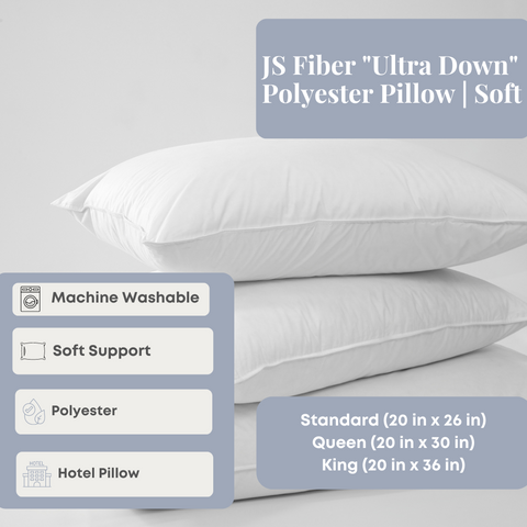 A stack of JS Fiber "Ultra Down" Polyester Pillows | Soft by JS Fiber.