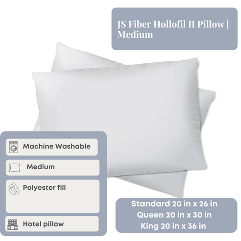 Medium JS Fiber Hollofil II Pillow is hypoallergenic, providing a comfortable sleep experience.
