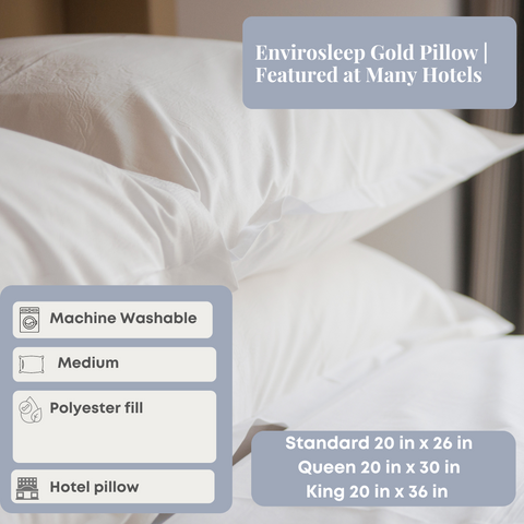Experience ultimate comfort with the Envirosleep Gold pillow by Manchester Mills, known for its firm support and low loft design. This luxurious pillow is filled with high-quality polyester fiber and is a favorite at countless hotels worldwide.
