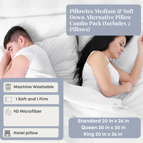 A man and a woman sleeping in bed with Pillowtex Medium & Soft Down Alternative Pillow Combo Pack (Includes 2 Pillows).