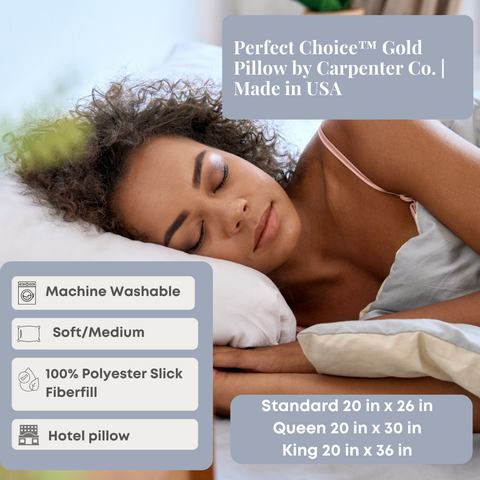 A woman is peacefully sleeping on a bed with a Perfect Choice™ Gold Pillow by Carpenter Co., made in USA.