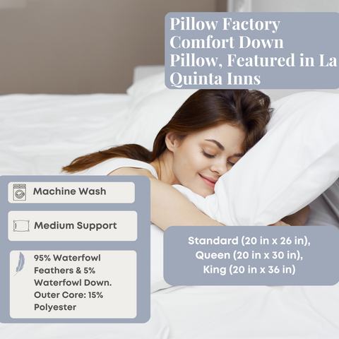 A woman is reclining in bed with a Pillow Factory Comfort Down Pillow at the La Quinta Inn.
