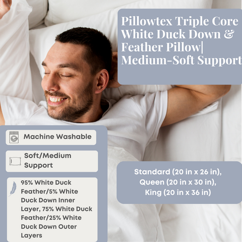 Pillowtex Triple Core White Duck Down & Feather Pillow| Medium-Soft Support