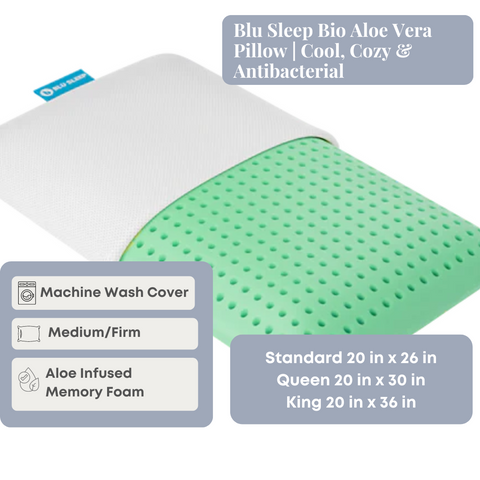 A promotional image featuring a Blu Sleep Bio Aloe Vera Pillow. The pillow, with a unique green dot pattern and contoured design, sits next to icons highlighting its features: machine washable, aloe