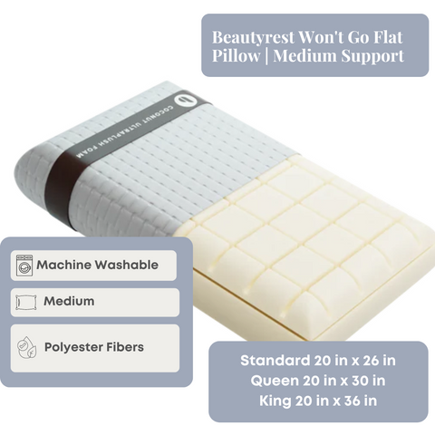 A Blu Sleep Prestige Coconut Memory Foam Pillow labeled 'won't go flat', designed for side sleepers, displayed with its packaging. The pillow is white with a quilted design. Icons indicate it's machine wash.