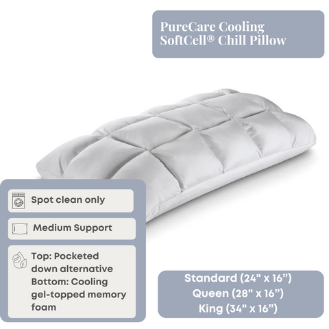 Experience ultimate comfort with the PureCare Cooling SoftCell® Chill Pillow. Made with FRIO fibers, this cooling pillow will help you stay comfortable all night long.