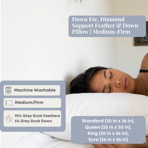A woman peacefully resting her head on a white pillow, eyes closed, with textual advert details of the Down Etc. Diamond Support Feather & Down Pillow | Medium-Firm next to her. Icons indicate "machine washable