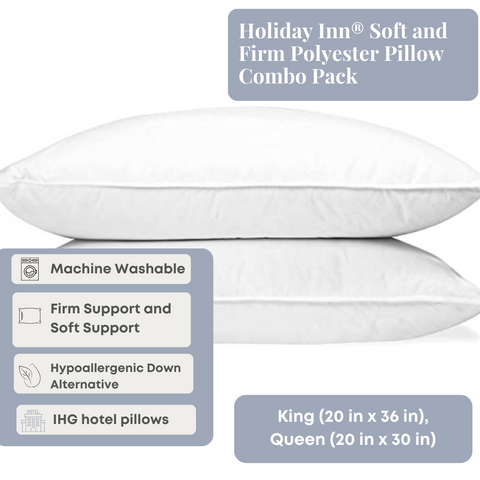 Two Holiday Inn® Soft and Firm Polyester Pillows with the words king and queen by Hollander.