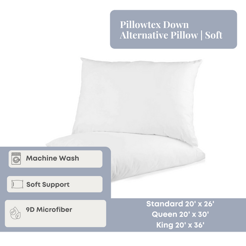 Pillowtex Down Alternative Pillow in Soft, featuring machine washable convenience, soft support through 9d microfiber fill, available in standard (20" x 30") sizes.