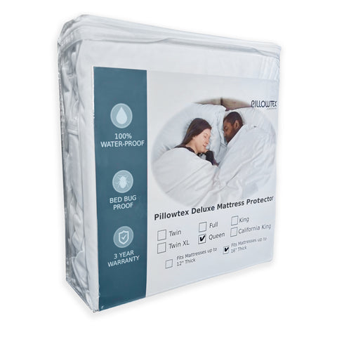A Pillowtex deluxe mattress protector packaging displaying a couple lying comfortably under the duvet. The package highlights features like 100% waterproof, bed bug proof, and a 3-year warranty. Available sizes