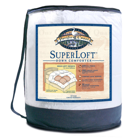 A bag of Pacific Coast Feather SuperLoft™ Down Comforter in a white bag was found on the bed.