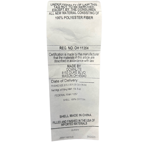 Text label on clothing material showing product details, including material as "DOWNLITE Primaloft Down Alternative Pillow," manufacturing details, and legal information, with "made in China" and barcodes. Additionally labeled as "h