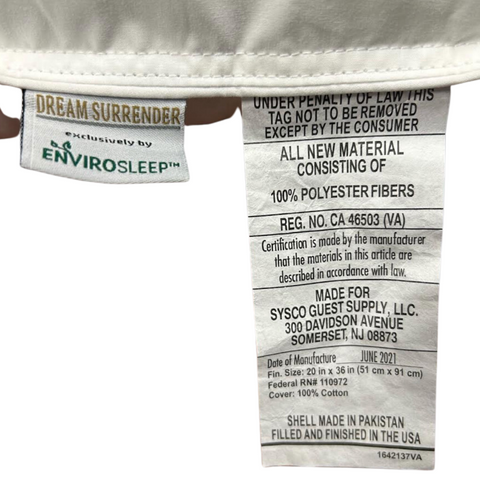 A label for pillows with the words Envirosleep Dream Surrender & Dream Surrender Firm Combo Pack by Manchester Mills on it.