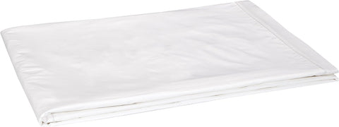 A white blanket is neatly folded on a white surface, protected by a Rocky Mountain Feather and Down® Featherbed Protector.