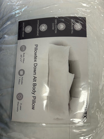 Pillowtex® Soft Support down alternative body pillow in packaging, hypoallergenic, with a 100% cotton cover, 300 thread count, featuring a 3-year warranty and machine washable care.