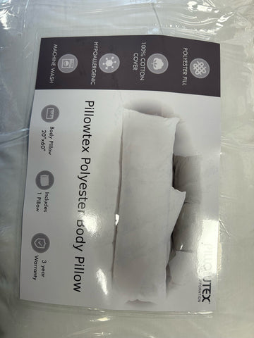 A package of a Pillowtex Premium Polyester Body Pillow | Medium Support.