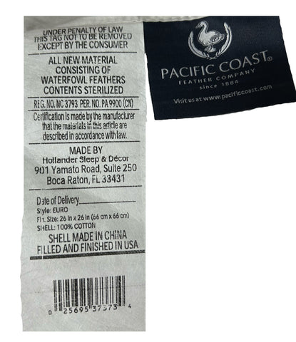 Label for Keeco pacific coast feather pillow inserts with 100% duck feather and down on a white background.