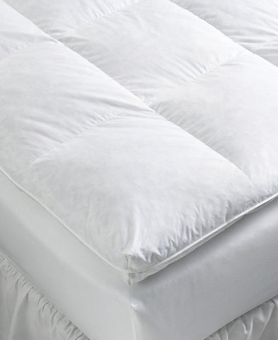 A plush, white Chaps Baffle Box Feather Bed mattress topper with square stitching lies on a bed, promising added comfort and support and a luxurious feel to enhance sleep quality. Made in the USA by Hollander.
