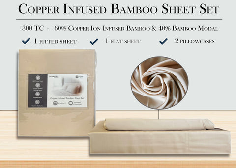 Pillowtex Bamboo copper-infused sheet set, naturally antibacterial.