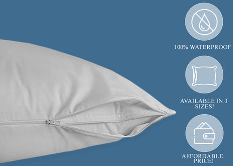 A Pillowtex® Waterproof Pillow Protector advert highlighting its key features: 100% waterproof laminated polyester, availability in three sizes, and its affordability, displayed with clear symbols and minimalist design on a tranquil