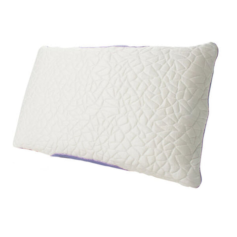 A Protect-A-Bed Snow- Cluster Foam Pillow from the THERM-A-SLEEP Collection, with a visible purple piping along the edge, isolated on a white background, suggesting a comfortable sleep accessory with a subtle design detail.