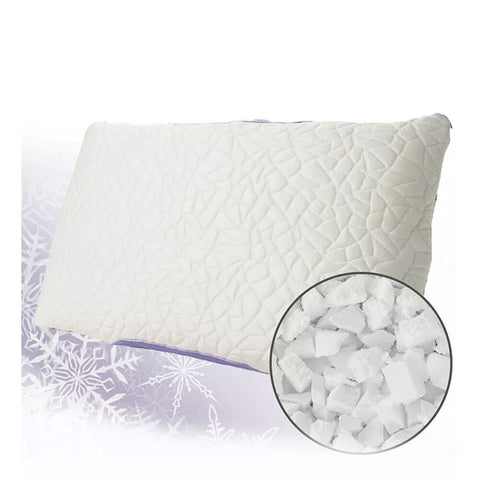 A white, quilt-patterned hypoallergenic Protect-A-Bed Snow- Cluster Foam Pillow from the THERM-A-SLEEP Collection with a close-up inset showing its chunky foam interior, all set against a soft white background with subtle snowflake designs.