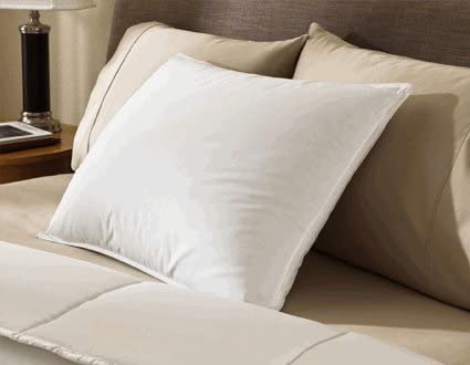 A Encompass Group 50/50 White Duck Feather and Down Pillow | Medium Firmness on a bed in a bedroom.